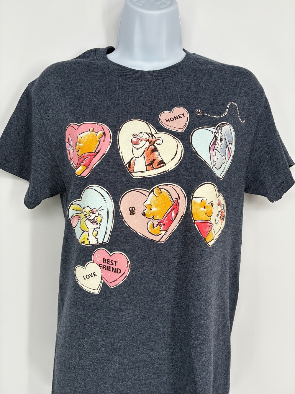 Disney Winnie the Pooh Friends Conversation Hearts Charcoal Graphic Tee Small